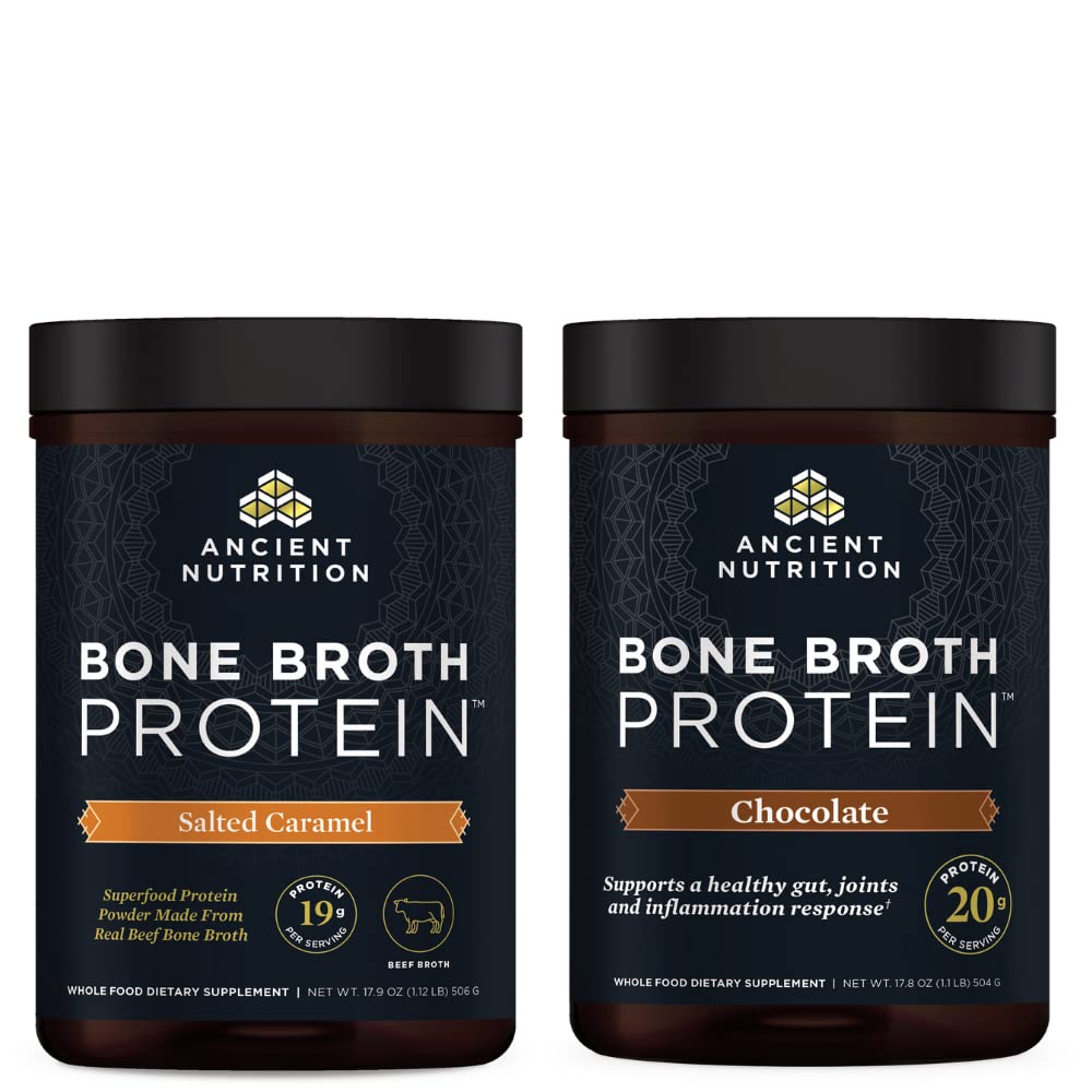 Ancient Nutrition Kaulu Broth Protein Pulveris, Sāls Karamelis, 20 Kalpojumi + Kaulu Broth Protein Pulveris, Šokolāde, 20 Kalpojumi