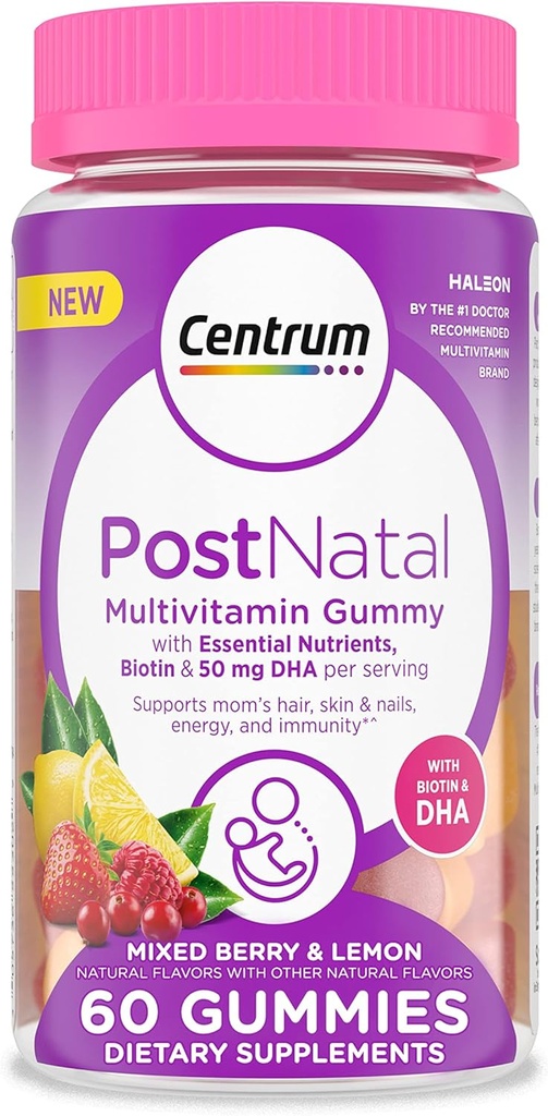Centrum Postnatal Multivitamīnu Gumijas ar Biotin un DHA, Jauktas Ogas un Citron Flavors - 60 grāvis, 30 dienu piegādes