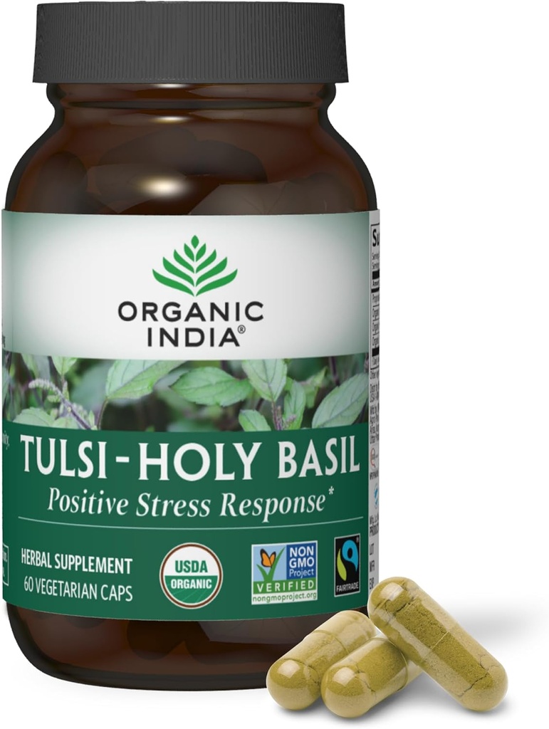 ORGANIC INDIA Tulsi Svētās Baziliks Kapsulas - Svētais Baziliks ekstrakts - Svētās Baziliks Lapu papildinājums, augu valsts papildinājums, Imūnsupports, Stress Relief, Vegan, Bezglutēna, Kosher, Organic, Non-GMO - 60 kapsulas