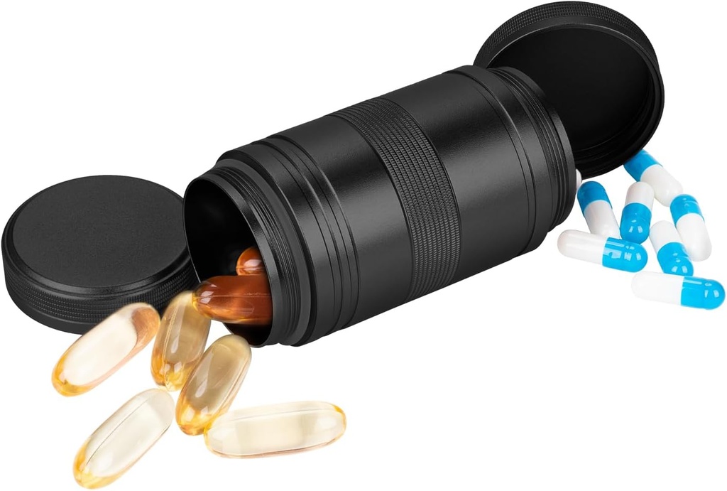 Metāla Pillu kaste 2 Reizes dienā - Pārnēsājams ūdensnecaurlaidīgs mazpiltuves kaste (AM PM), Travel Daily Pill Container, Compact Pill Holder Medicine Organizators tablešu / Vitamine / Zivju eļļa / Applements, Black