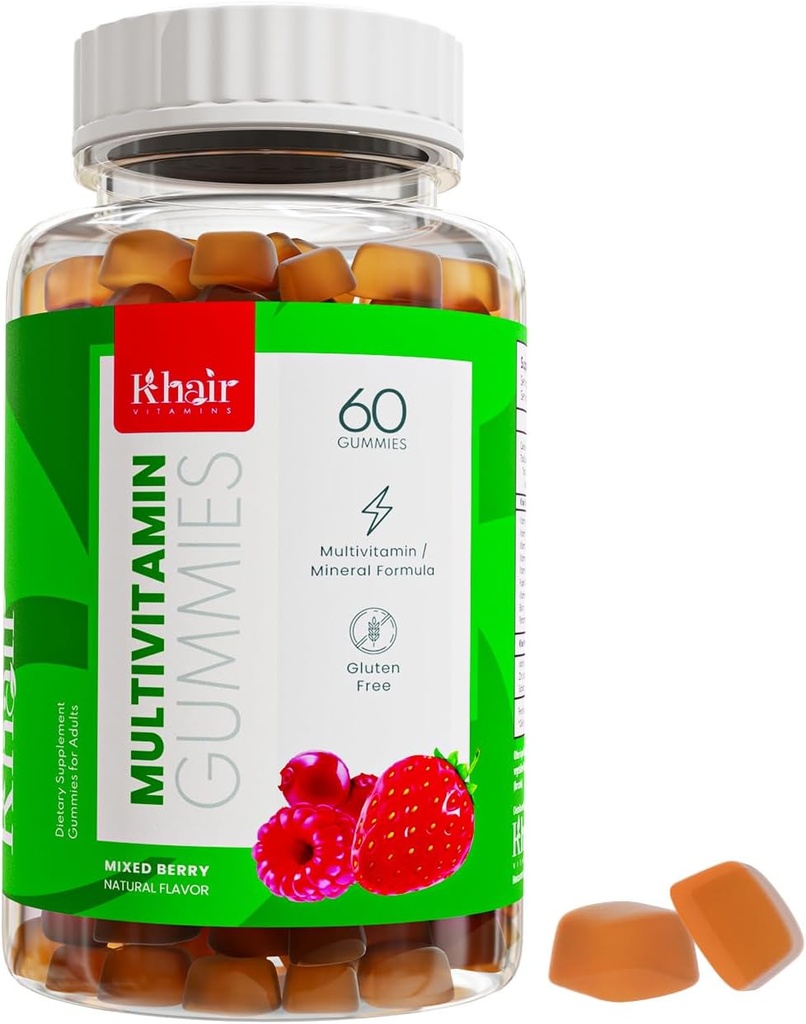 Khair Halal Pieaugušo Multivitamīni Gummy - Vegan, non-GMO - bez lipekļa, bez želatīna - Būtiski vitamīni: A E C vitamīns D B12 & vitamīns B6 Halal Vitamīni - 60 Gumijas