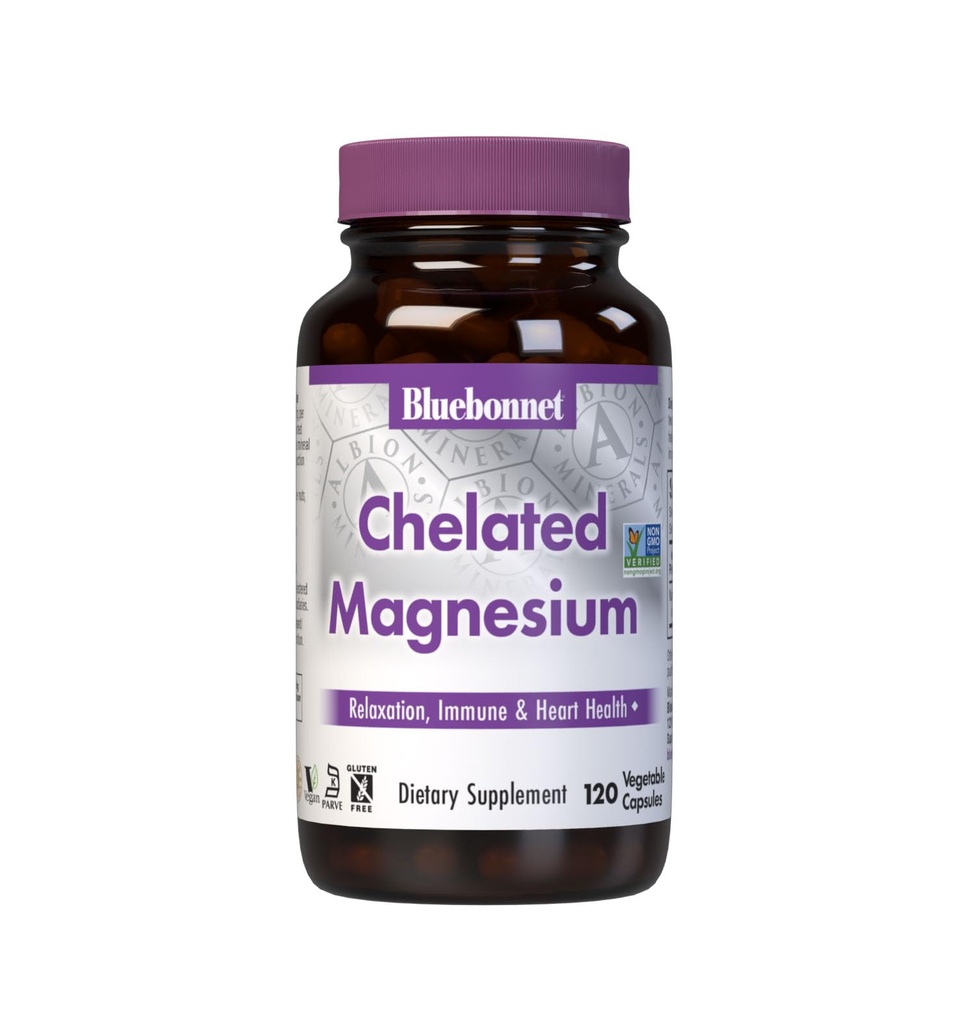 Bluebonnet Nutrition Albion Helated Magnija Dārzeņu Kapsulas, 200 mg, Stresa atvieglošana, Vegan, ne ĢMO, bez lipekļa, bez sojas, bez piena, bez košera, 120 Dārzeņu Kapsulas, 2 mēnešu piegādes