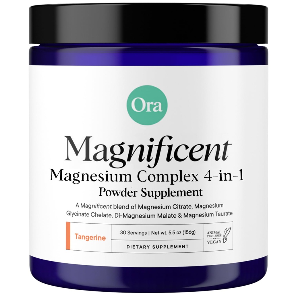 Ora Organisks magnija kompleksa pulvera papildinājums - 4-in-1 Magnijs: Glicināts, Taurāts, malāts un citrāts        -Vegāns, bez glutēna --Tangerine Flavor -Calm atbalsts miegam, stresam un muskuļiem - 30 Kalpošana