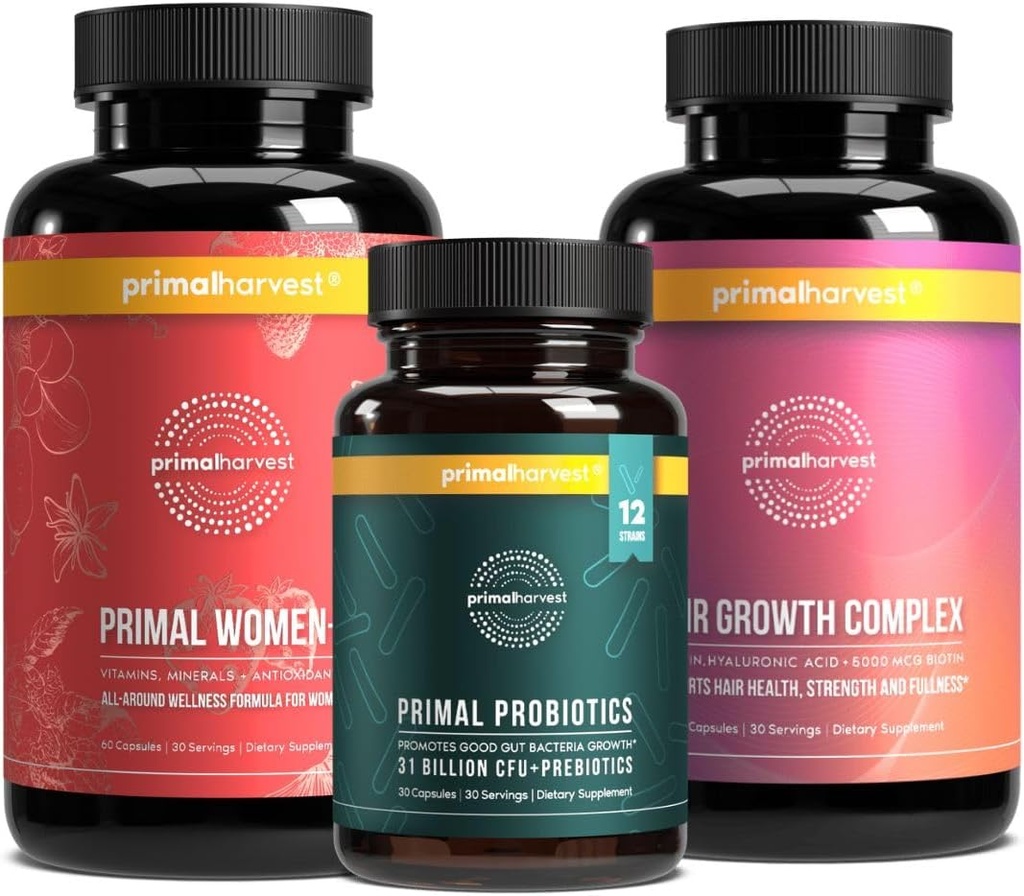 Primal ražas novākšanas sieviešu paka – 30 dienu piegādes: sieviešu + Multivitamīnu, Primal matu atbalsts, un Primal probiotikas sieviešu veselībai un Vitalitāte