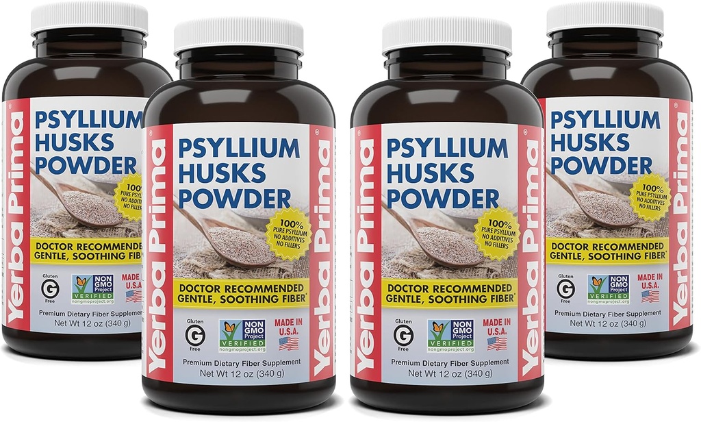 Yerba Prima Psyllium Husks pulveris - 12 oz (iepakojums no 4) - Dabīgs fiber papildinājums - Kolu tīrīšana - Gut veselība - Vegan, ne-GMO, bez lipekļa (jauna etiķete - iepakojums May Vary)