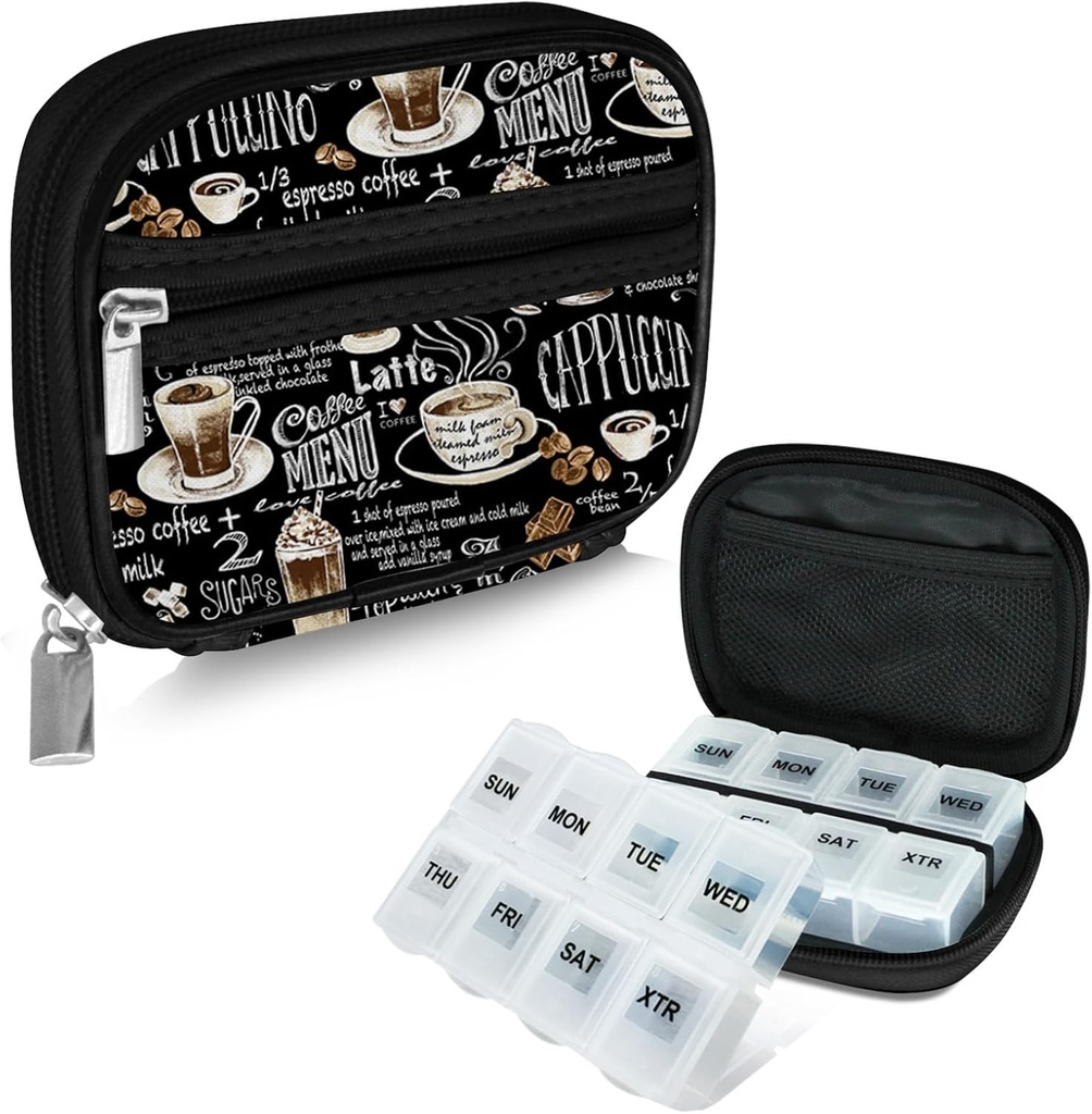 Serfeymi Weekly Travel Pill Organizatora Pill Kaste Purse ar noņemamu 7 Day Pill Box, Modes Travel Medicine Organizators Pill Konteiners medicīnai, Vitamīns, Papildinājums - Black 02 + Pill Box