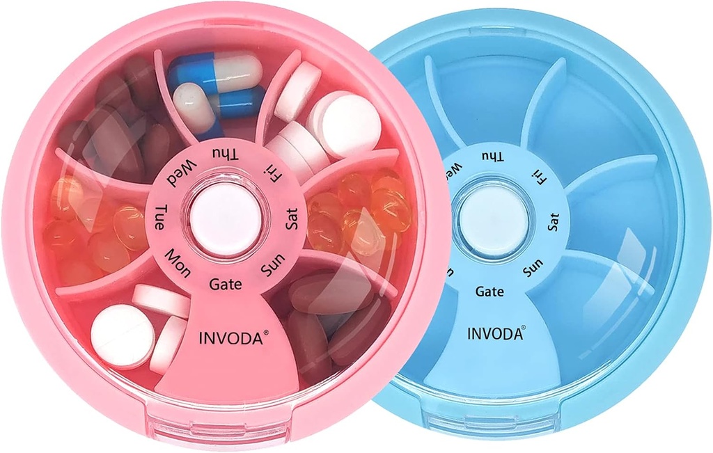 INVODA Weekly Pill organizators 7 iecirknis Rotācijas Pill kaste ikdienas medikamentiem un vitamīniem - Portable Travel Pill Case Zivju eļļas bagātinātāji Vitamīnu organizators (Pink+Blue)
