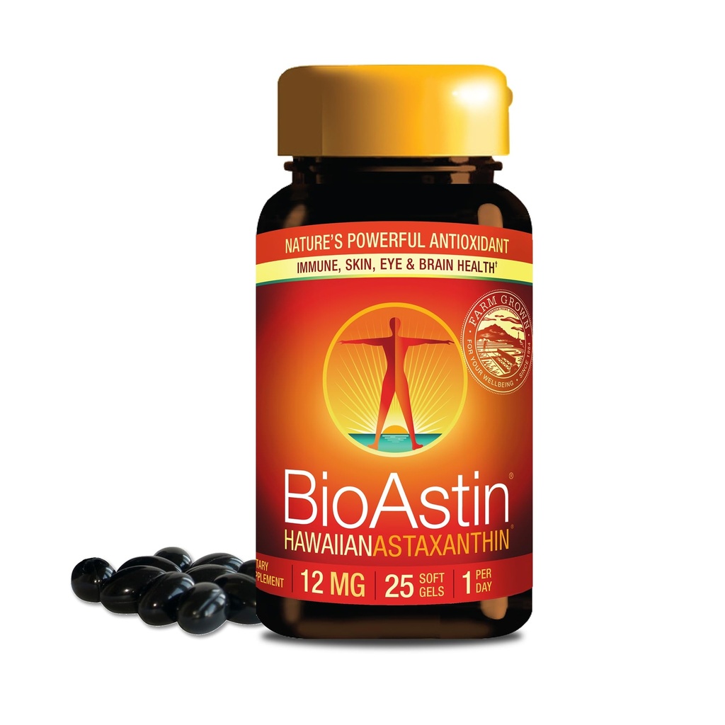 Nutrex Hawaii BioAstin Hawaiian Astaksantīns - 12 mg, 25 Softgels - Farm-Direct Premium Antioksidants Papildinājums acu, ādas, locītavu un imūnās sistēmas veselībai - bez GMO un lipekļa