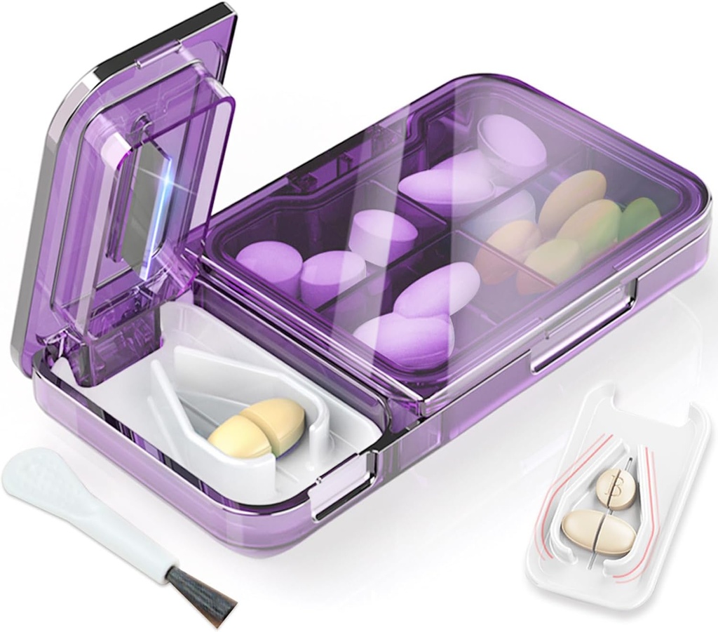 Pill Cutter Splitter mazām vai mazajām Pill. 2-in-1 Travel Pill Box & Pill Splitter - liela ietilpība 4 iecirkņi Pill organizētājs - noņemams Nonslip V- Shaped Pad. Wrap-Around Blade Guard (Purple)