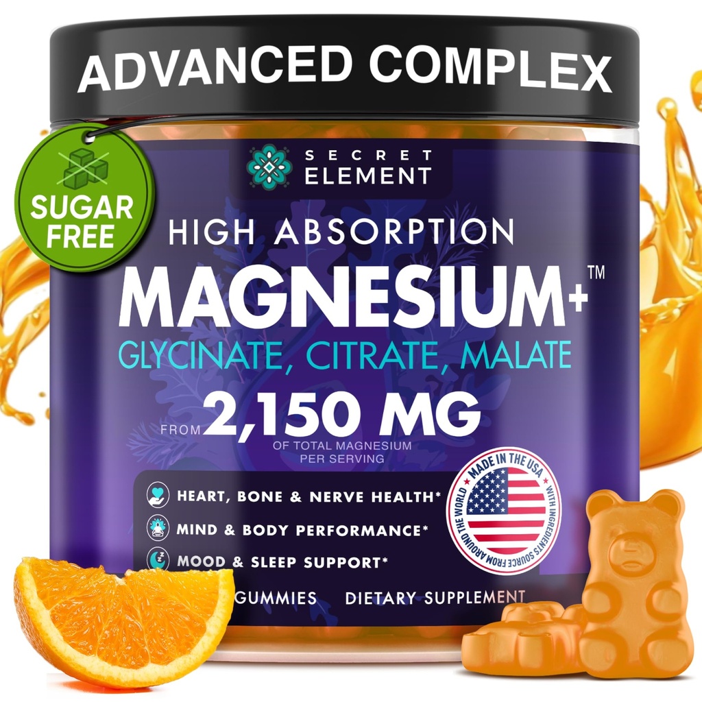 Magnijs Glicinēt 2150MG Gumijas sievietēm un vīriešiem, Augsta Absorbcija Magnija Glicināts, Citrāts, Malate Gumijas pieaugušajiem un bērniem, Miega atbalsts, Bezcukura, Vegan, 60 Chews, Orange