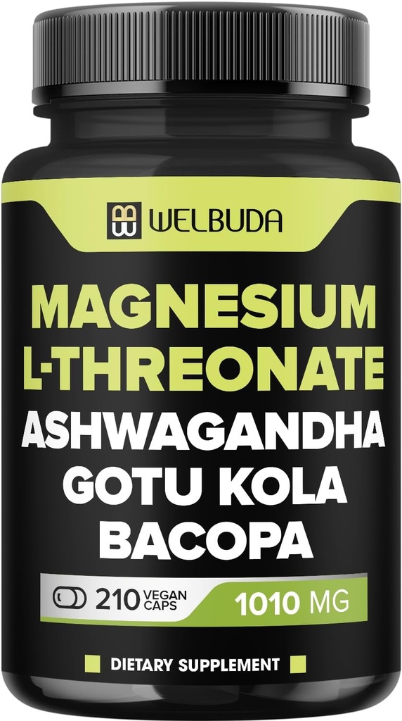 Magnija L-treonāta kapsulas 1010mg - 210 Kapsulas - ar Ashwagandha Sakni, Gotu Kola lapu un citām