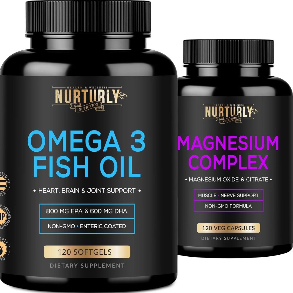 Magnija komplekss un omega 3 zivju eļļa - magnija citrāts 500MG – zivju eļļa 2000mg, 800mg EPA un 600mg DHA - Muskuļu relaksācija, Miega un enerģija, kaulu veselība, smadzenes un sirds