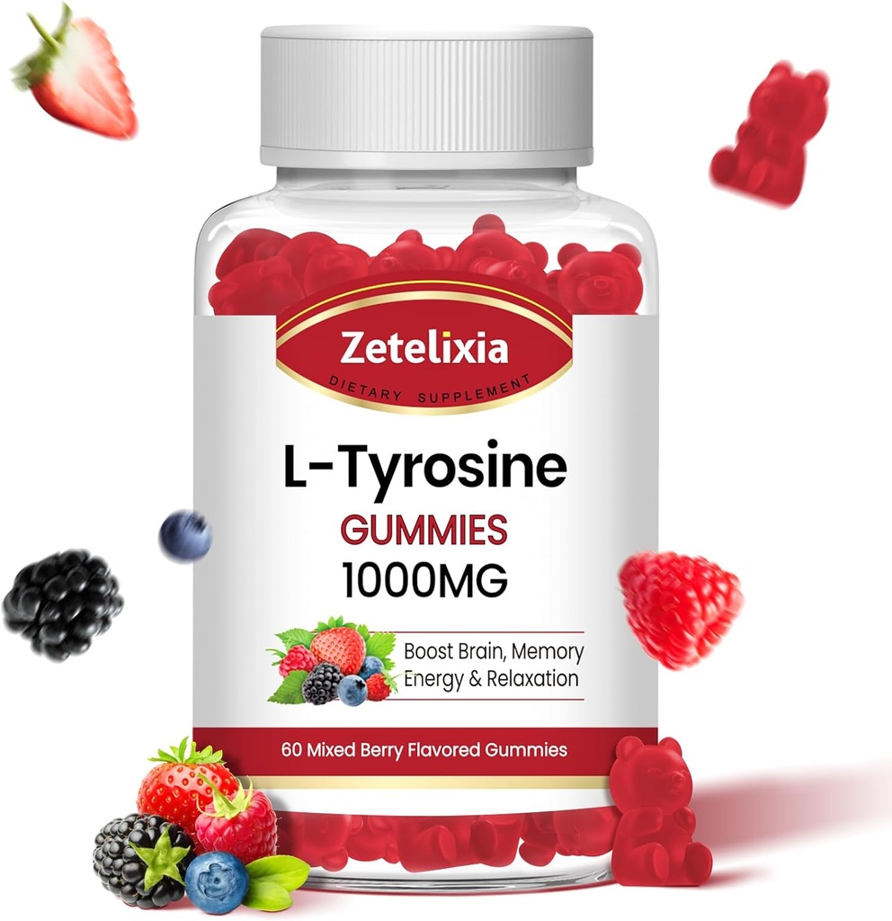 L tirozīna gumijas 1000mg,L-teanīna papildinājums gumija 200mg, Cugars bezmaksas L-tirozīns ar vitamīnu B6 Enerģijas piedevas pieaugušajiem un bērniem - Vegan(60 skaitlis)