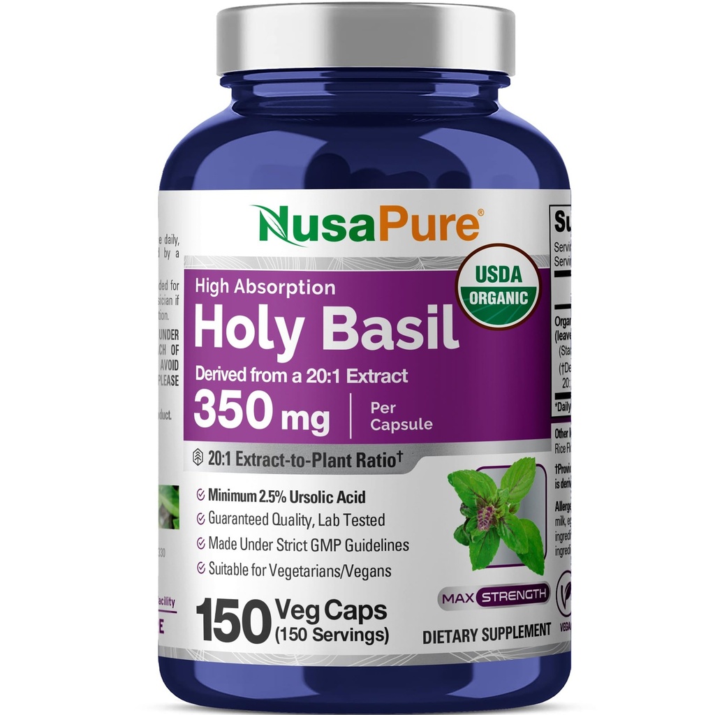 NusaPure USDA Organic Holy Basil Capsules 20:1 Ekstrakts, 350 mg Ekvivalents 7000 mg - 150 Vegan Caps - tulsi Holy Basil Leaf Extract - 2.5% Ursolskābe - Ne-GMO
