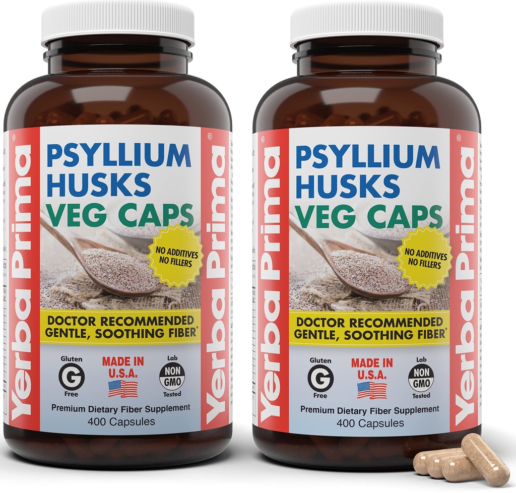 Yerba Prima Psyllium Husks Veg Caps, 400 kapsulas (625 mg) (2. iepakojums) - Vegāns, ne-GMO, bez lipekļa, kolonu tīrītājs, ikdienas fiber papildinājums Gut veselībai un regularitātei