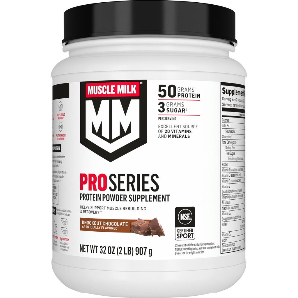 Muskuļu piens Pro Sērija Olbaltumvielas pulveris papildinājums,Knockout Šokolāde,2 mārciņa,11 Servējumi,50g Olbaltumvielas,3g Cukurs,20 Vitamīni un minerālvielas,NSF Sertificēts sportam,Workout Recovery,Iepakojums May Vary