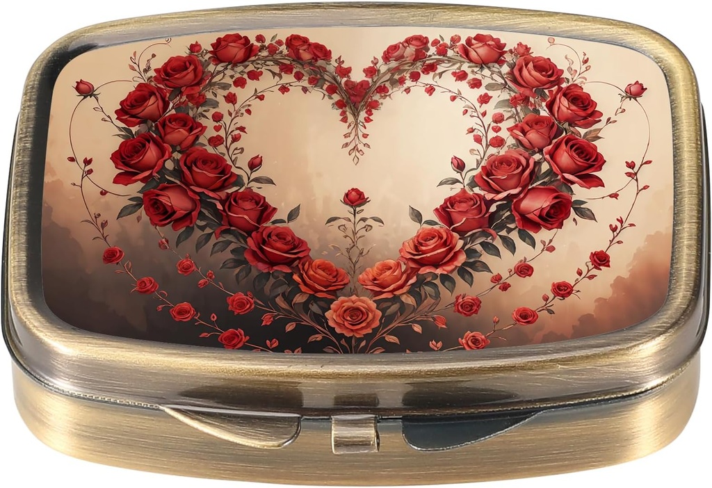 Dynippy Pill Case Pill Box with Mirror Retro Pocket 2 iecirknis Medicine Case Vitamīnu Pill Organizators kažokādu Purse un ceļojumu (Retro-Rose Heart Wreath)