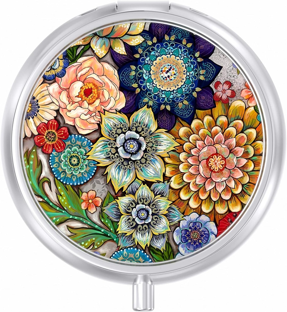 Pill Case, Cute Travel Pill kaste Purse, Mitruma Pierādījums Mazs Medicine Holder, Portable Pocket Medicine Organizators Dispenser turēt vitamīnus, Mencu aknu eļļa, papildinājumi, Mandala ziedu