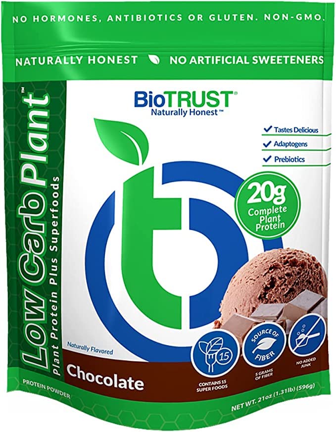 BioTrust Low Carb Plant, Delicious, Creamy, 20 Grams tīra, Complete, Auga proteīns, 5 Grams Fiber, 15 Superfoods, Gremošanas enzīmi, Vegan, Bez piena 14 Servējumi (šokolāde)