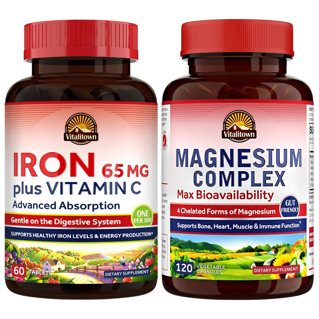 Vitalitown Magnija kompleksa papildinājums 500mg & 65mg Dzelzs papildinājums sievietēm vīriešiem, miegam, muskuļiem, asinsrades un enerģijas uzlabošanai