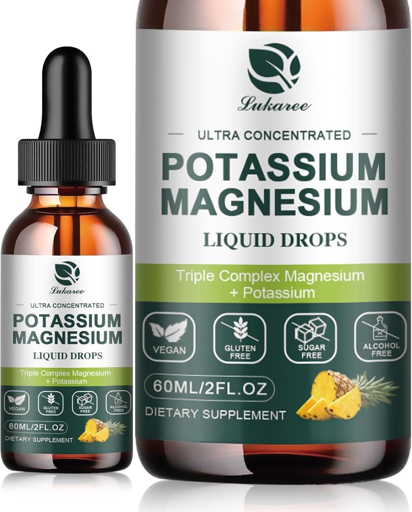 Kālija magnija papildinājums Šķidrs w/Triple Complex Magnija glicināts & Kālija Plus Omega 3, Jūras sūnas, melnais sēklas, D3K2 un kalcijs Zzz, kāju krampji un muskuļu-4 FL OZ Drop