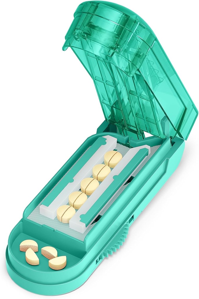 VIENS PIX Pill Cutter Splitter mazajām un mazajām cilpiņām, Medicīna Cutter griešanai vairākas tabletes laikā uz pusēm, Cut mazai vai lielai cilpai ar slēpto Sharp Nerūsējošā tērauda asmeni, Cyan