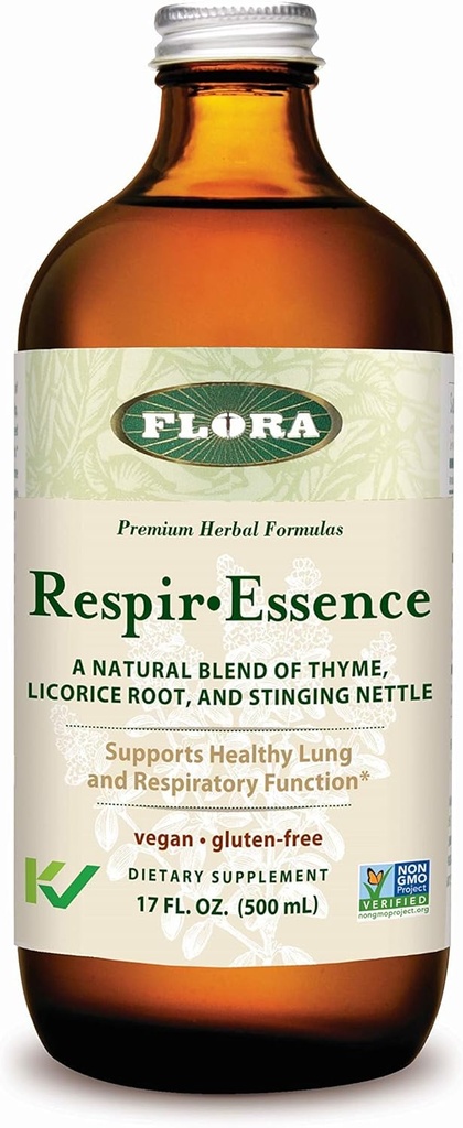 Flora - Respir-Essence - Supports Plaušu & Respiratorā veselība - Satur Timiānu, lakrica Sakni, Elecampane & More - Non-GMO, Vegan, Gluten-Free & Kosher - 17 fl. oz. Stikla pudele