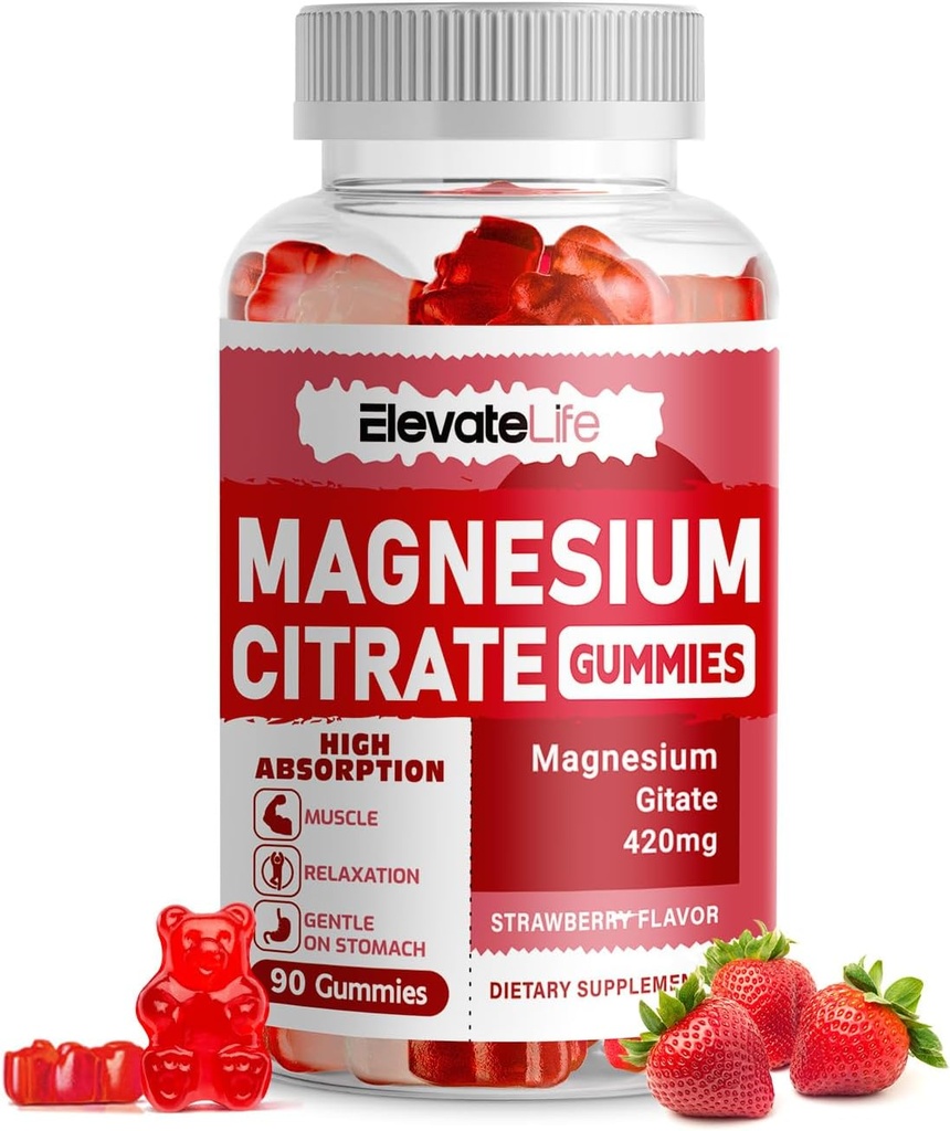 Magnija citrāts Gumijas 420mg uz vienu Kalpošanu - 90 Vegan Gumijas - Veicina veselīgu relaksāciju, Muskuļi, Kauls, & Enerģijas Atbalsts (90 zemeņu Gumijas)