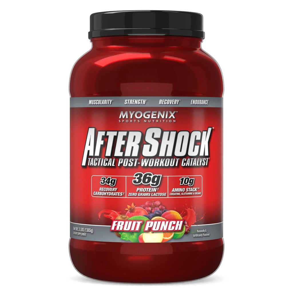 Myogenix Aftershock post Workout — Muskuļu augšanas sūkalu olbaltumvielu pulveris — Paātrinās muskuļu augšanu un atjaunošanos — Atbalsta kopīgas veselības un papildināšanas Glycogen — augļu pūce, 3 mārciņas