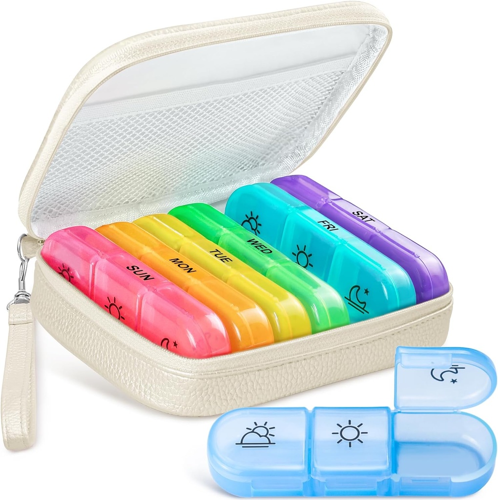 Cute Pill organizētājs 3 Reizi dienā, Liels Daily Pill Case sievietēm, Portable Pill Box 7 Diena Purse ar somiņu un rāvējslēdzēju turēt vitamīnus, zāles, zivju eļļas, papildinājumi (Beige)
