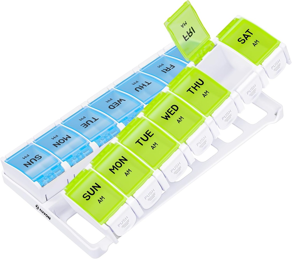 AUVON Weekly Pill organizētājs 2 Reizi dienā Artrīts Draudzīgi ar pavasara Atvērto Dizainu, BPA Bezmaksas 7 Day AM Pill Box Kaste ar lieliem atsevišķiem iecirkņiem turēt 9 zivju eļļas, papildinājums, Medication