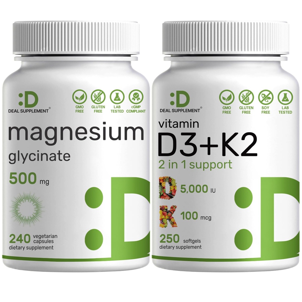 Magnijs Glicerīns 500mg Veggie Kapsulas un vitamīns D3 5000iu + K2 100mcg Softgels Bundle – Viegli Absorbēts Helated Mineral – D & K Essential Sunshine Vitamīni
