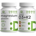 Magnijs Glicerīns 500mg Veggie Kapsulas un vitamīns D3 5000iu + K2 100mcg Softgels Bundle – Viegli Absorbēts Helated Mineral – D & K Essential Sunshine Vitamīni