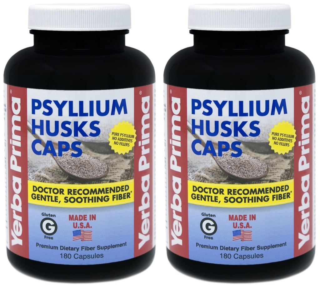 Yerba Prima Psyllium Husk Caps - 180 kapsulas (2. iepakojums) - Viegli norīt Fiber papildinājums - Kolu tīrīšana - Gut veselība - bez GMO lipekļa
