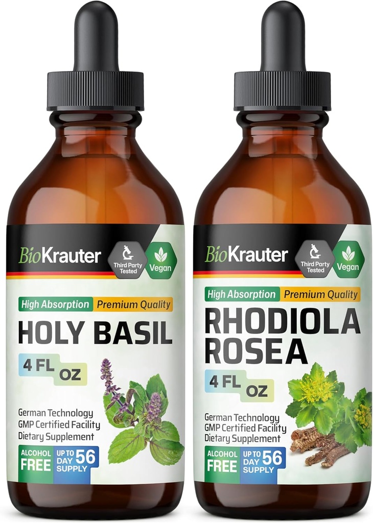 BIO KRATER Holy Basil Tincture 4 Fl. Oz. & Rhodiola Rosea Tincture 4 Fl. Oz.
