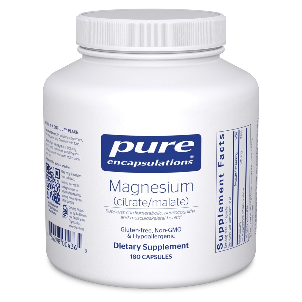 Pure Encapsulations Magnijs (citrāts/malāts) - Magnija papildinājums uzturvielu izmantošanai, enerģijai, kauliem un sirds veselībai* - ar magnija citrātu un malātu - 180 kapsulas