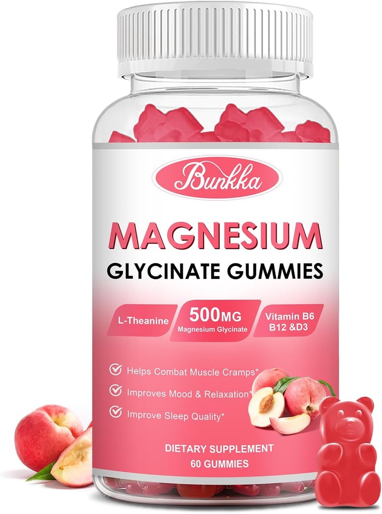 Magnija glicināti Gumijas - bez cukura, magnija komplekss Kālija Papildinājums ar kāliju, vitamīnsD, B6 nomierinošs, miega un stresa atvieglojums pieaugušajiem - 60 persiku gumijas