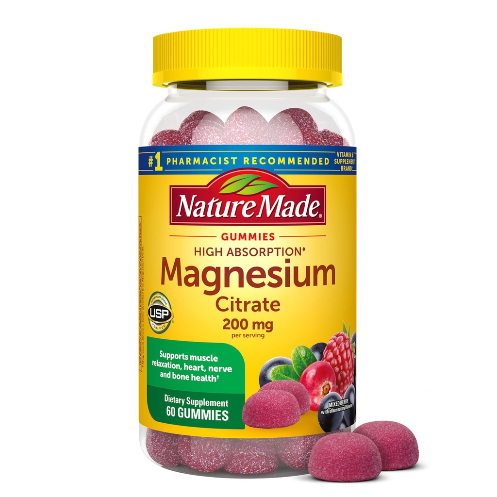 Dabu Made High Absorbcija Magnija citrāts 200 mg uz porciju, Magnija papildinājums muskuļu, nervu, kaulu un sirds atbalsts, 60 magnija gumijas, 30 dienu piegādes