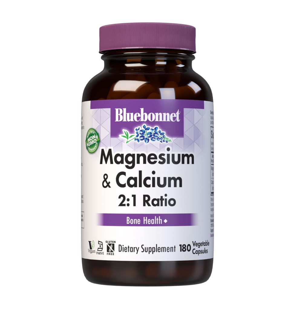 Bluebonnet Nutrition Magnija un kalcija attiecība 2:1, Kaulu veselība*, ne-GMO, Vegan, Košera Sertificēts, bez lipekļa, bez sojas, bez piena, 180 Dārzeņu kapsulas, 60 Kalpojumi