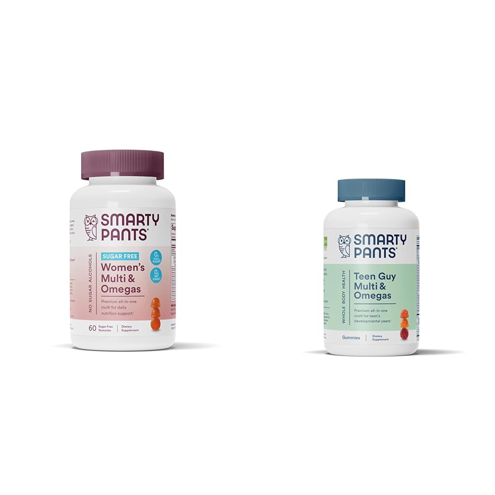 Viedkartes sieviešu multivitamīnu Gumijas, bez cukura: biotīns, metilfolāts, omega 3 (ALA), D vitamīns un Teen Guy multivitamīnu Gumijas: Omega 3 zivju eļļa (EPA/DHA), D3, C vitamīns, B12, B6 vitamīns