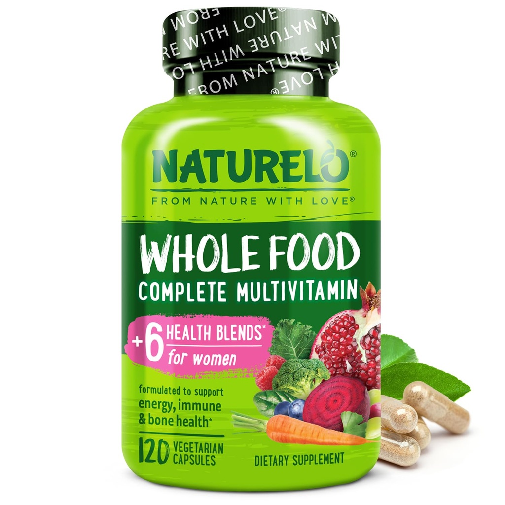 NATURELO Viss pārtikas multivitamīns sievietēm - ar vitamīniem, minerālvielām, & Organiskie ekstrakti - Papildinājums enerģijai un sirds veselībai - neĢMO - 120 Vegan kapsulas