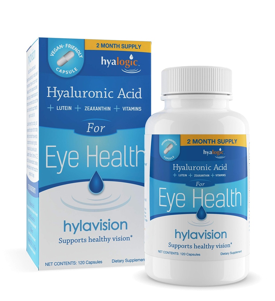HylaVision Acu veselības papildinājumi: Hyaluronic Acid, Lutein un Zeaxanthin Diētiskās piedevas redzes atbalstam (120 kapsulas)— Vegan formula ar Hyalogic
