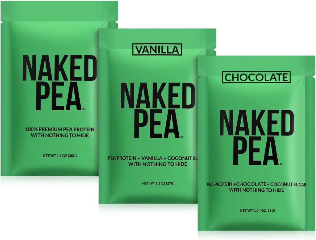 Plikuma Vegāna paraugu iepakojums Pea, šokolādes pea un Vanilla Pea