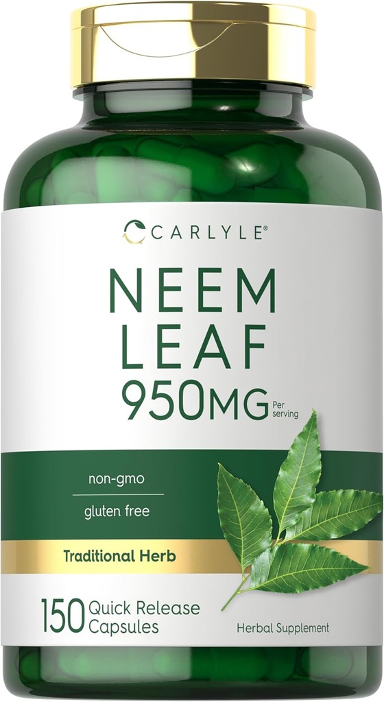 Carlyle Neem Leaf - 950mg - 150 Pulvera kapsulas - Non-GMO un lipekļa bezmaksas formula - Vērtības lielums - Tradicionālais augu papildinājums Azadirachta Indica