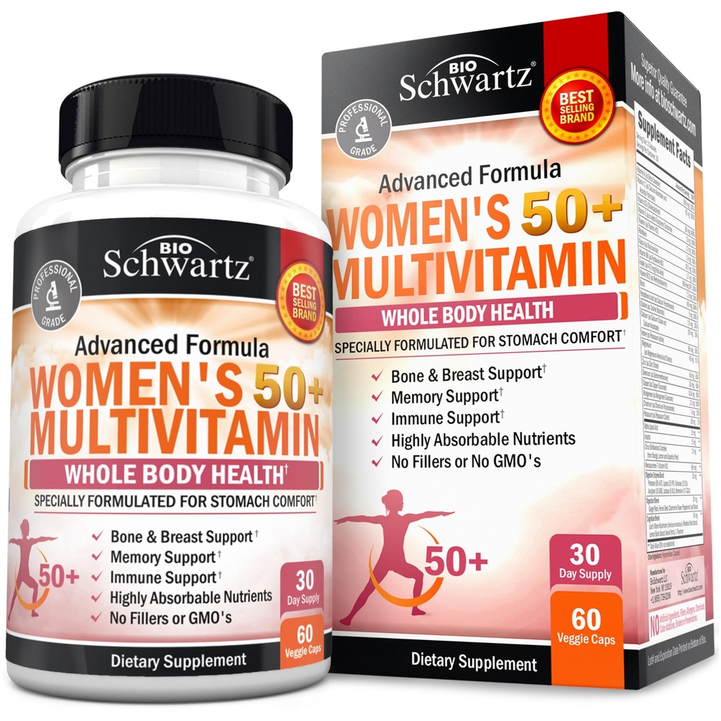 Dienas multivitamīnu sievietēm 50 & Over – Atmiņas atbalsta papildinājums – Veicina stresa samazināšanu un veselīgu imūnās atbildes reakcija – Sieviešu Multivitamīnu papildinājums paredzēti kuņģim Komforts - 60 kapsulas