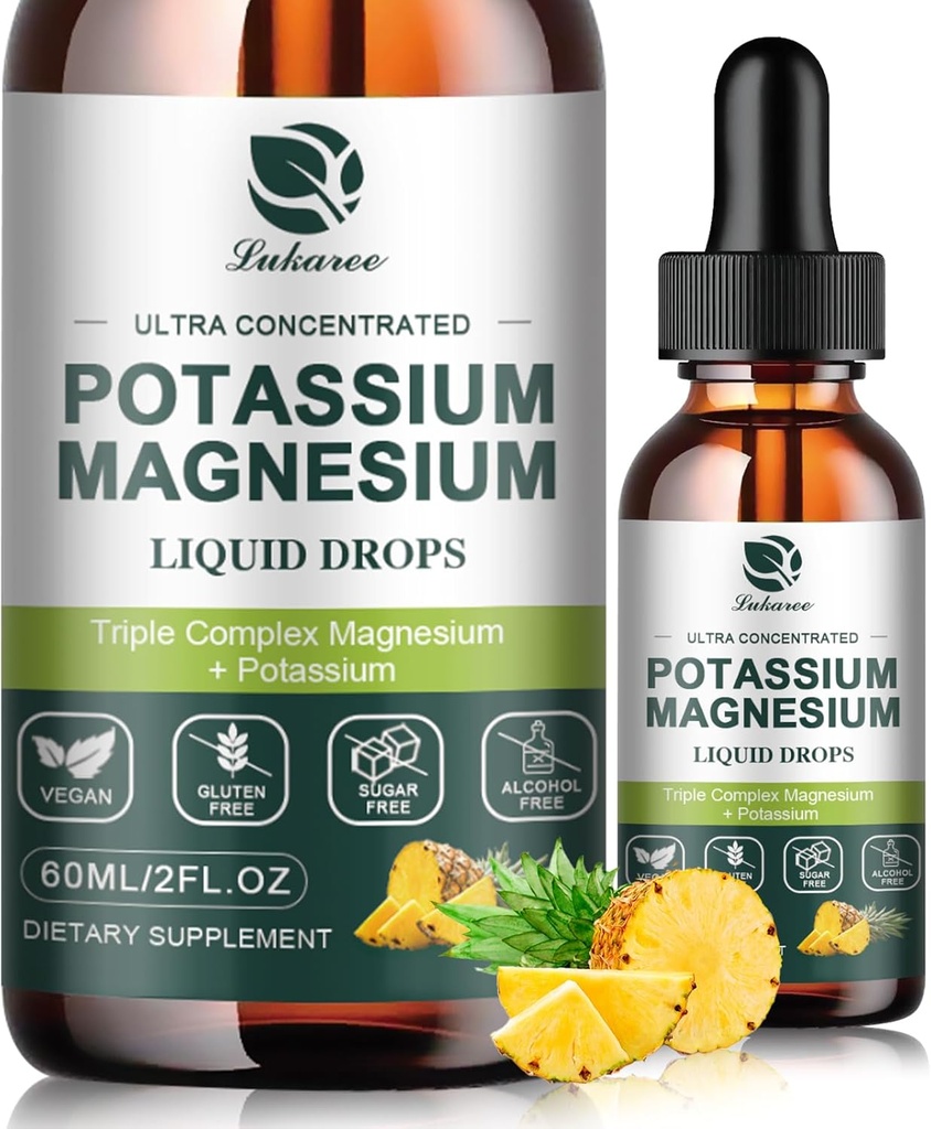 Kālija magnija papildinājums Šķidrs w/Triple Complex Magnija glicināts & Kālija Plus Omega 3, Jūras sūnas, melnais sēklas, D3K2 un kalcijs Zzz, kāju krampji un muskuļu-2 FL OZ Drop