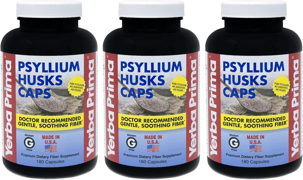 Yerba Prima Psyllium Husks Caps - 180 vāciņi (iepakojums no 3) - Dabīgs šķiedru papildinājums - Kolu tīrīšana - Nav GMO Gluten