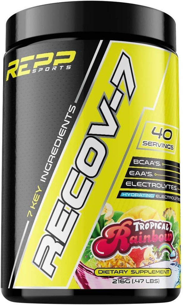 REPP Sports Recov-7 Full Spectrum EAAs un BCAAs - uzlabotas atgūšanas un Glycogen papildināšana iekšdarbiem (Tropiskais varavīksne, 40 Servē (216g))