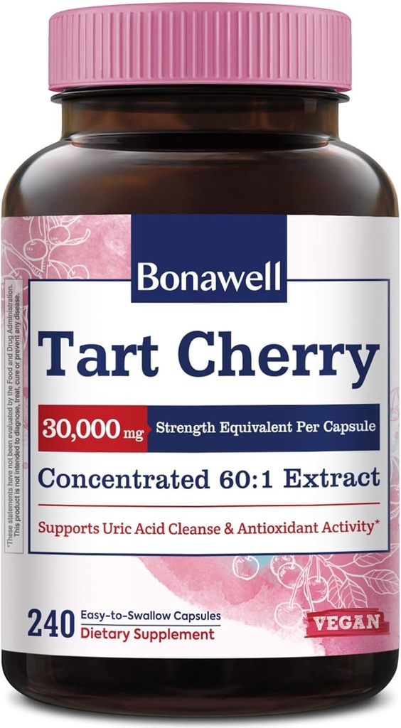 Bonawell Tart Cherry 60:1 ekstrakts, 30000 mg stiprums, izgatavots no Montmorency Tart Cheries, spēcīgs urīnskābes tīrība, 8 Month Supply, 240 kapsulas
