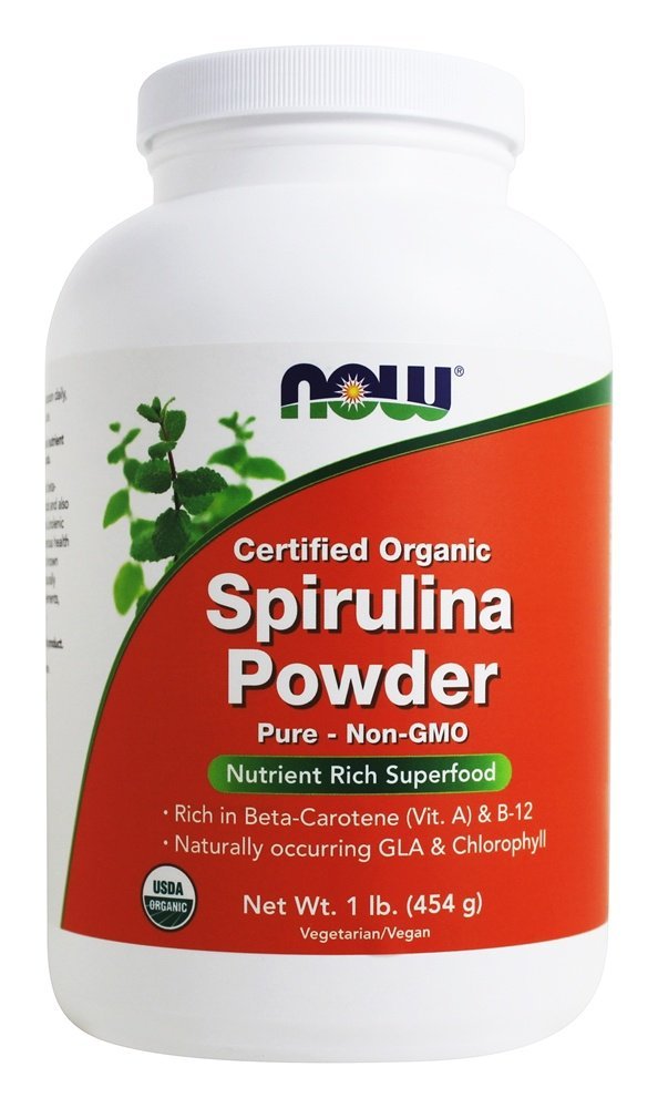NOW pārtikas piedevas, Certified Organic, Spirulina pulveris, bagāts ar beta-karotīnu (Vitamīns A) un B-12 ar dabā sastopamām GLA & Chlorophyl, 1-Pound